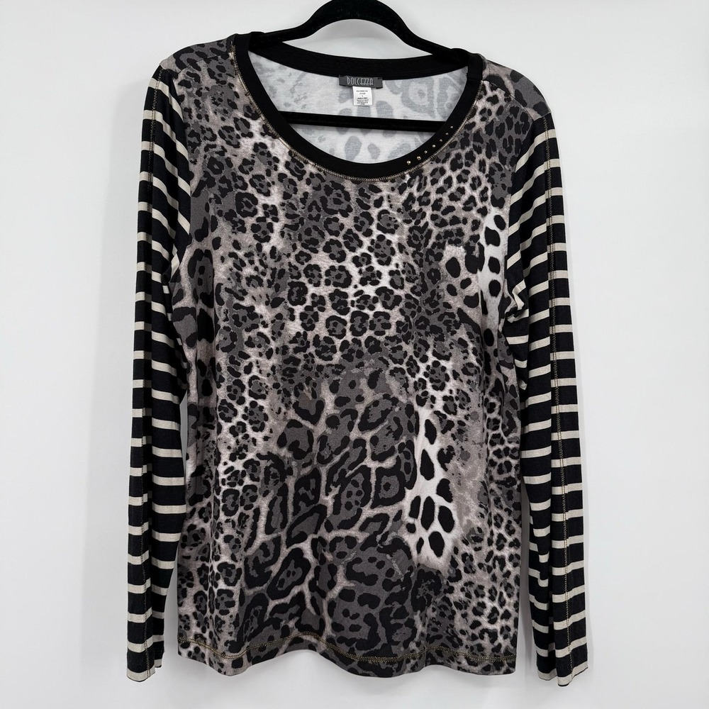 Dolcezza Top Shirt Womens Large Gray Animal Print Studded Long Sleeve Relaxed